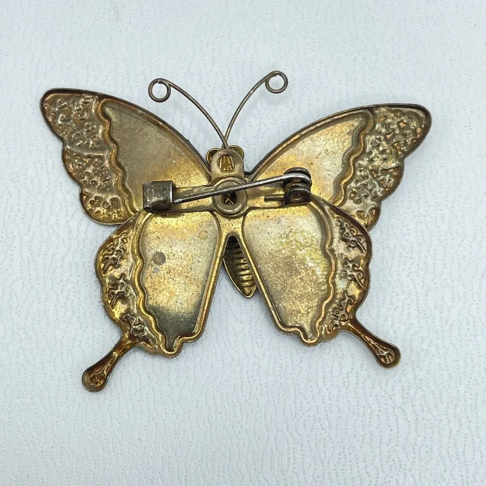 Vintage Gold-Tone Multicolor Patina Dye Enamel Blue Glitter Butterfly Brooch Pin